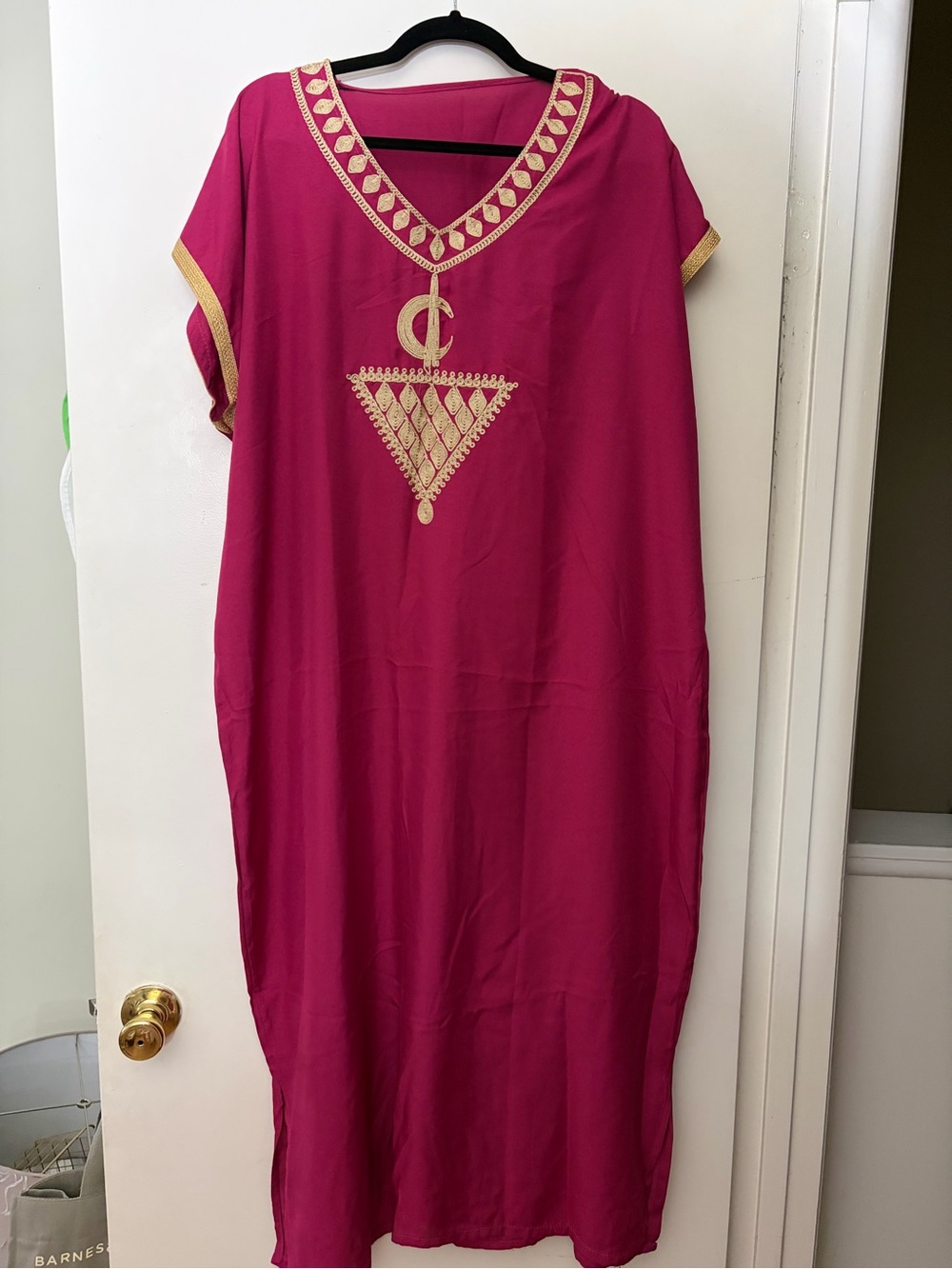 Embroidered Moroccan Kaftan Tunic in Magenta with Gold Accents